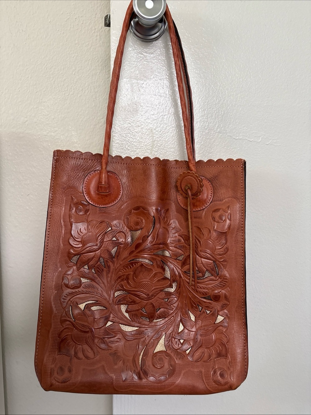 Patricia Nash Brown Tooled Leather Floral Cutout Tote Bag Shoulder Purse